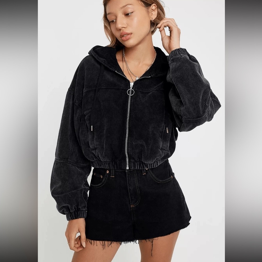 Cropped Black Corduroy Zip-Up Jacket